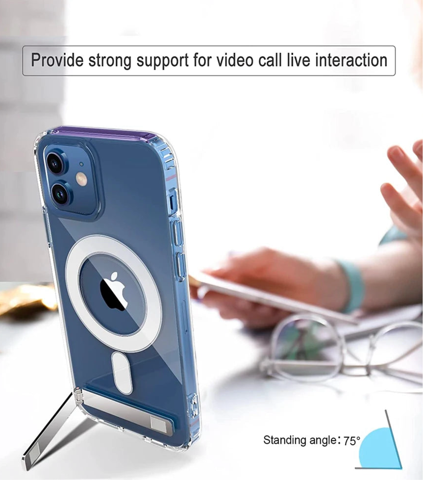 Clear Magnetic iPhone Case with Kickstand – MagSafe Compatible, Wireless Charging