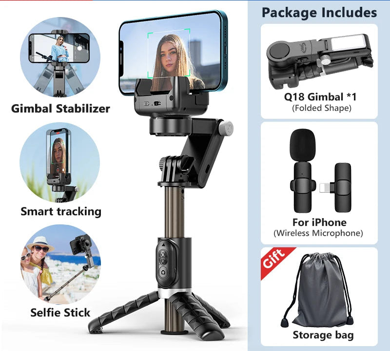 Q18 3-in-1 Gimbal Stabilizer Selfie Stick Tripod with Fill Light for iPhone & Smartphones