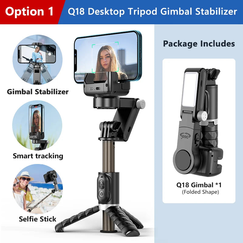 Q18 3-in-1 Gimbal Stabilizer Selfie Stick Tripod with Fill Light for iPhone & Smartphones