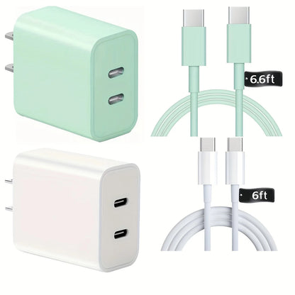 20W Dual Port USB-C Fast Charger with 6.6FT Type-C Cable – Compatible with iPhone, iPad & Samsung