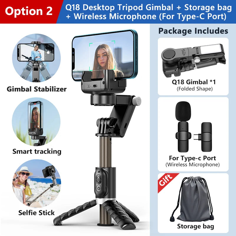 Q18 3-in-1 Gimbal Stabilizer Selfie Stick Tripod with Fill Light for iPhone & Smartphones